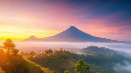 Majestic sunrise over volcanic mountains and misty landscape in Guatemala