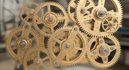 A collection of intricate brass gears interlocked together, showcasing mechanical engineering and design. The gears vary in size and shape, emphasizing precision and craftsmanship.