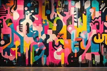 An abstract graffiti mural on a city wall, neon splashes of color forming a mesmerizing street art masterpiece