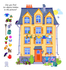Fototapeta na wymiar Can you find 16 objects hidden in the picture? Logic puzzle for smartest. Search and find game. Drawing of a residential building. Page for kids brain teaser book. Hand drawn vector illustration.
