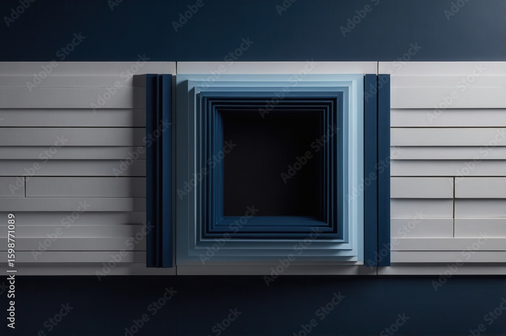 Poster a layered square design with shades of blue creating a tunnel illusion on a gray plank background.