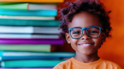 Young child with curly hair and glasses smiling in front of colorful books