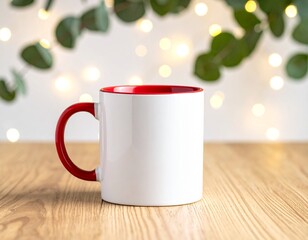 Red handle, blank white Mock up mug on wooden table with white background