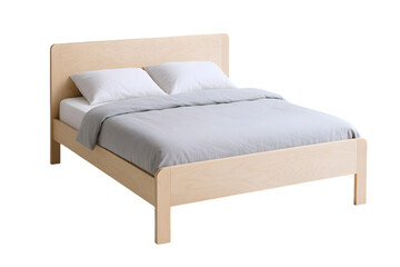 Light wooden bed frame with gray bedding, creating a modern and minimalist bedroom look.