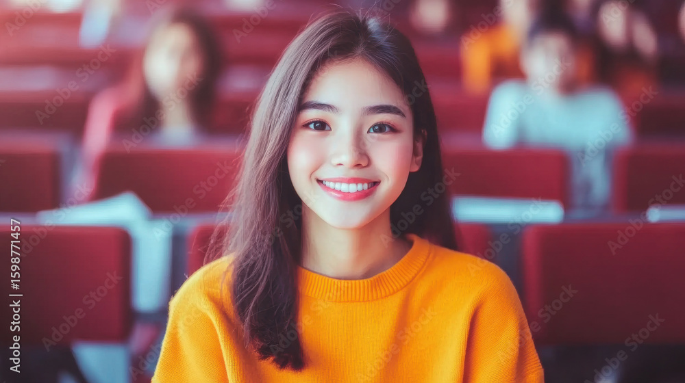 Poster student smiles brightly during class in a university lecture hall