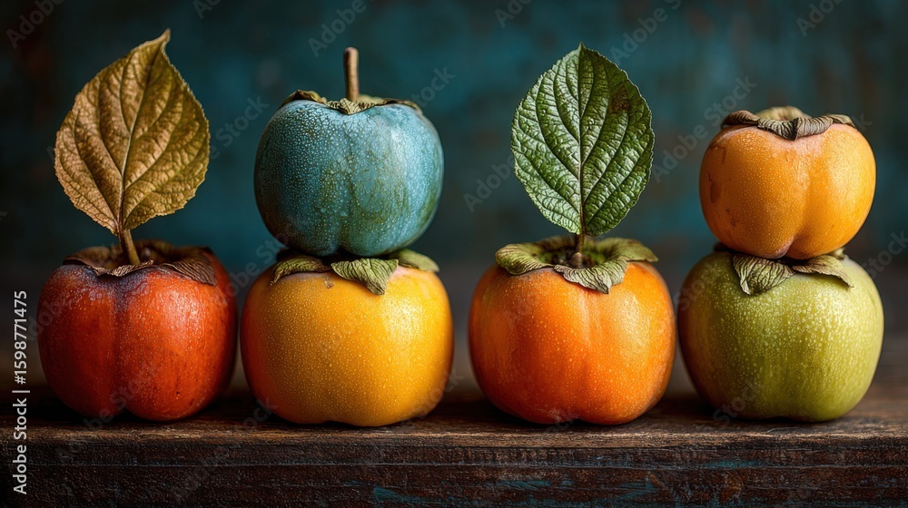Aufkleber a vibrant display of decorative fruits with varying colors is arranged on a wooden surface. each fru