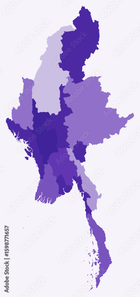 Poster map of myanmar with regions. just a simple country border map with region division. deep purple colo