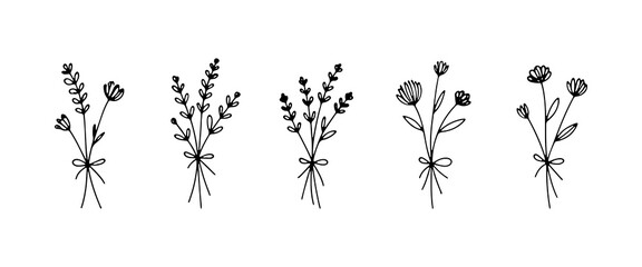 Naklejka premium Minimalist hand-drawn flower bouquets with natural stems and wild charm. Perfect for botanical compositions, wedding decor, and elegant floral design.