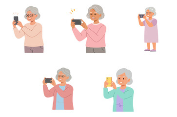 Elderly woman taking selfies with phone in casual outfits, white background, isolated, vector, set  