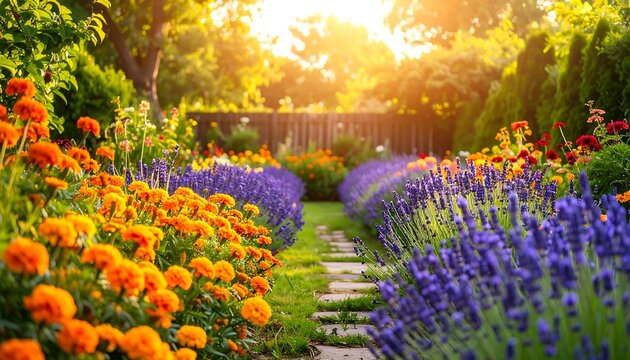 Sunny garden path lined with vibrant flowers - Powered by Adobe