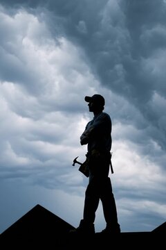 roofer repairing roof, arms crossed, silhouette, standing proudly atop the rooftop of a house, stormy gray storm cloud loom on horizon, roofing company advertisement, roof repair social media.
