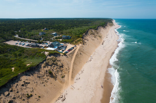 Aerial View of Dramatic Coastal Dune Cliffs and Sandy Shoreline in Wellfleet, Cape Cod