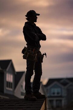 Roofing professional arms crossed, silhouette, standing proudly atop the rooftop of a house, the sun glows with a golden pink hue on the horizon; construction company advertisement; social media