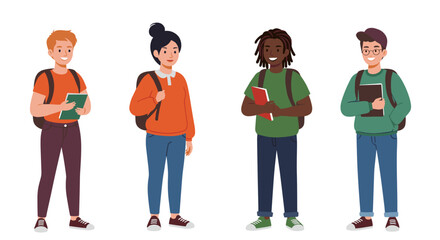 Multiracial students standing with backpacks and books in casual attire, white background, isolated, vector  