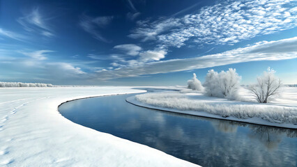 Obraz premium Serene winter landscape with a winding river and frost covered trees