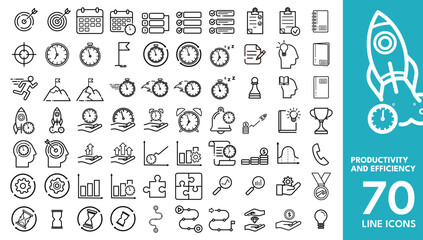 Productivity and Efficiency Editable Icons set. Vector illustration in modern line style of time management, goals, growth, and more. Isolated on transparent background