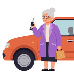Elderly woman holding car keys while standing beside car, white background, isolated, vector