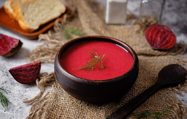 Beet puree soup in a bowl