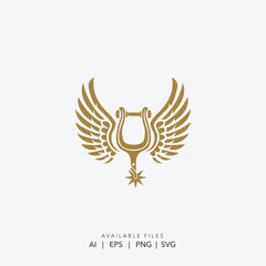 Vintage gold winged cowboy spur logo, classic equestrian western ranch emblem, luxury golden horse riding brand identity