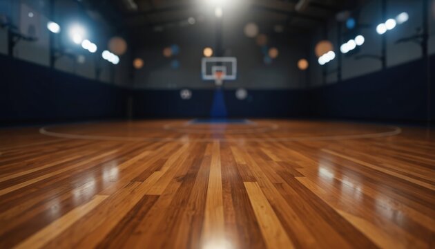 Empty basketball court with polished hardwood floor and bokeh lights. Perspective view of indoor arena, perfect for sports events, games, or team matches.