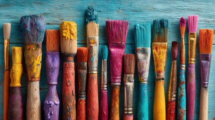 A vibrant array of paintbrushes rests on a blue wooden surface, showcasing various colors and textures. Each brush tells a story of creativity and artistic expression.