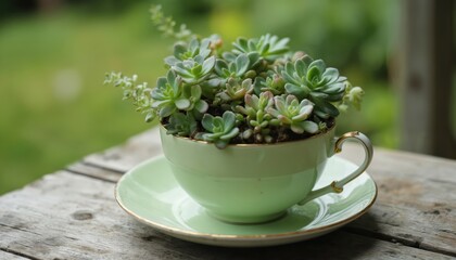 Charming DIY succulent garden in repurposed green teacup. Miniature planter creative plant arrangement. Handmade craft project adds unique home decor touch. Beautiful terrarium with small green