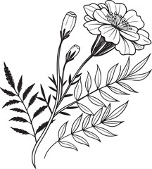 Floral Line Art: A striking black and white illustration showcases the delicate beauty of a blooming flower, complemented by intricate leaf patterns, all elegantly rendered with fine lines.