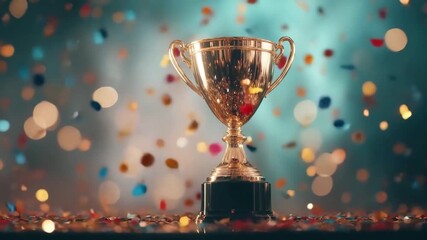 A shiny gold trophy stands on a black base. Colorful confetti falls around it, creating a festive atmosphere. The background is blurred with soft lights. - Powered by Adobe