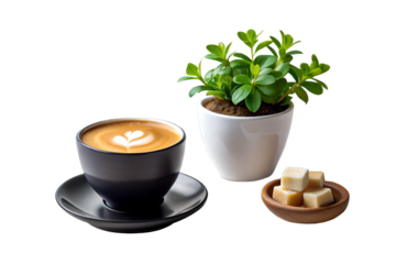 Morning Coffee Still Life Elegant Cup with Latte Art, Plant and Fudge Cubes on a Minimalist White Background