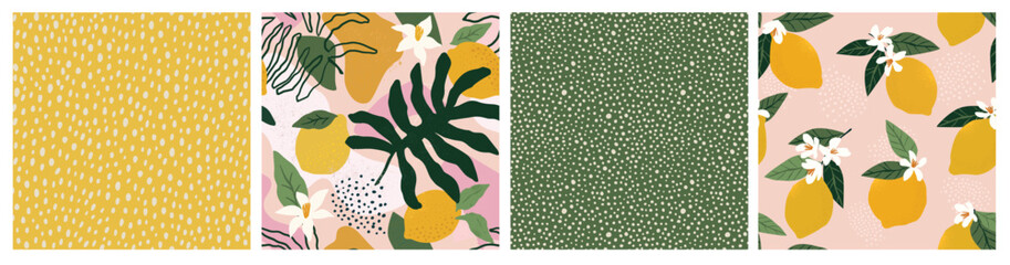 Collage contemporary lemon floral and polka dot shapes seamless pattern set. Modern exotic design for paper, cover, fabric, interior decor and other users.