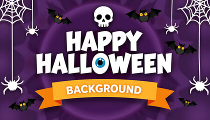 Happy halloween text with spooky bats spiders and a skull on purple background