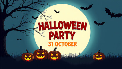 Halloween party invitation with pumpkins bats and full moon on october 31