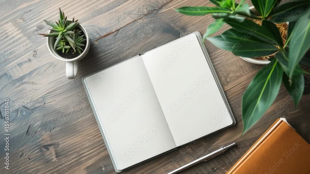 Poster an open notebook with a pen on a wooden table, perfect for writing, studying or creating