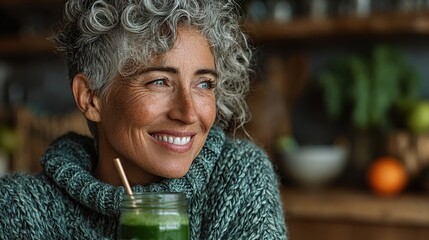 A woman with curly gray hair smiles brightly while holding a green smoothie in a rustic cafe. The warm atmosphere is filled with plants and natural materials, creating a relaxing vibe.