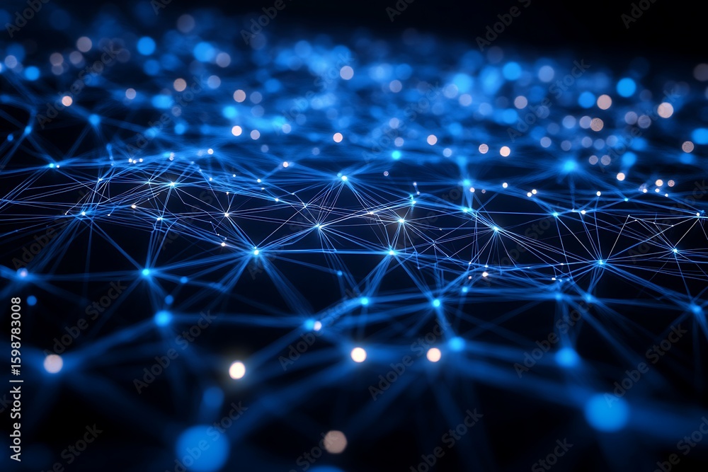 Poster abstract network connecting glowing points with blue light and dark background