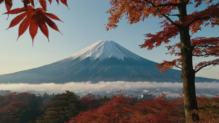 mt fuji in autumn season snow forest