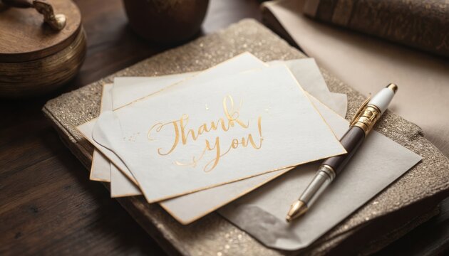 Elegant thank card with gold calligraphy, ready for personal message. Set on wooden desk with sophisticated pen, envelope, part of thoughtful stationery ensemble for expressing gratitude,