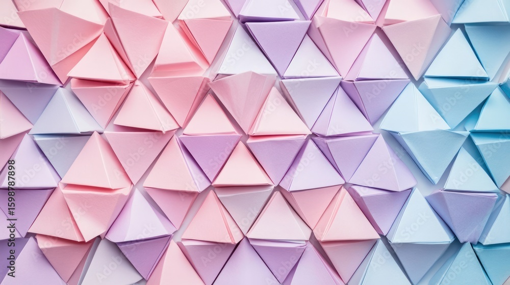Poster a close-up shot of a gradient pattern made of numerous small, folded paper triangles. the colors smo