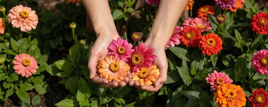 Hands cradle vibrant zinnias, suggesting sustainability, mindful gardening. Plants, colorful blooms create serene outdoor setting. Cultivation, horticulture highlighted in peaceful springtime scene.
