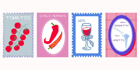 Summer Italy. Amalfi or Sicily vector illustration of postage stamps with image of Italian Mediterranean wine lemon and tomatoes drawing for poster, placard or print