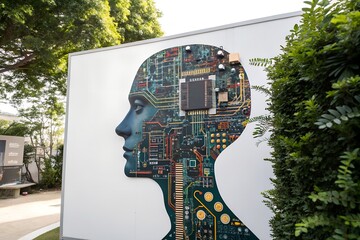 Human Head Mural with Circuit Board Design