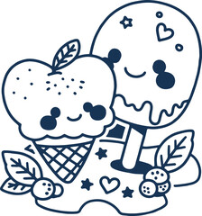 Cute Kawaii Ice Cream and Apple Doodle