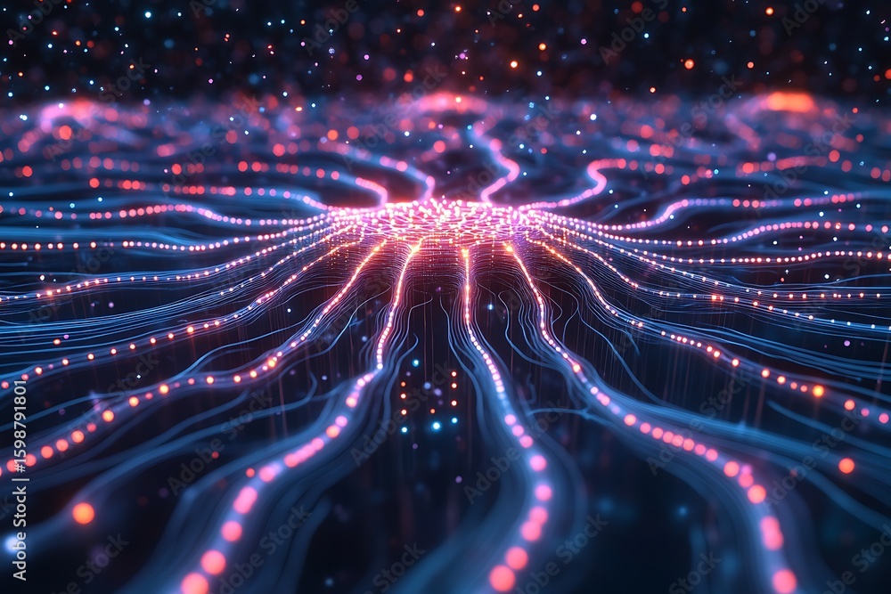 Poster abstract technology network with glowing data flowing through connected system