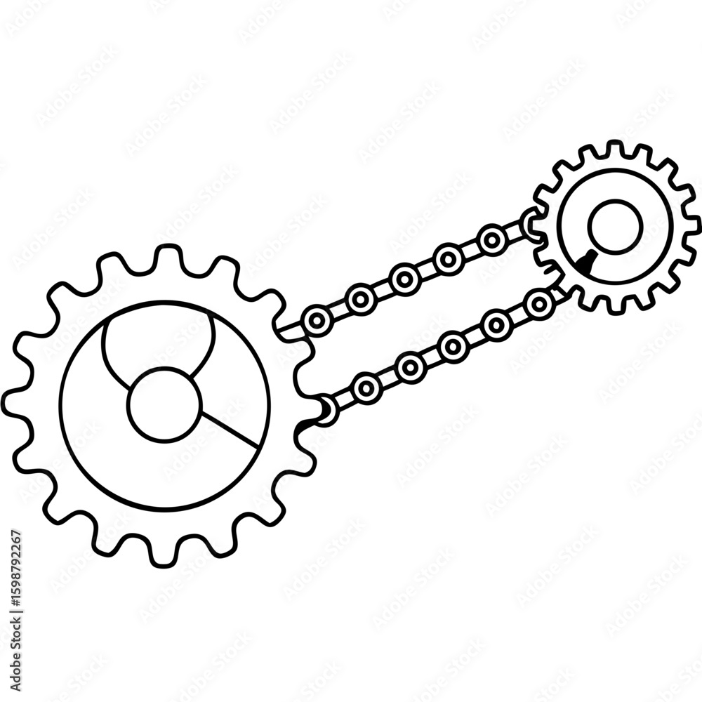 Poster mechanical gear-and-chain-system illustration, demonstrating gear and chain system with connected co