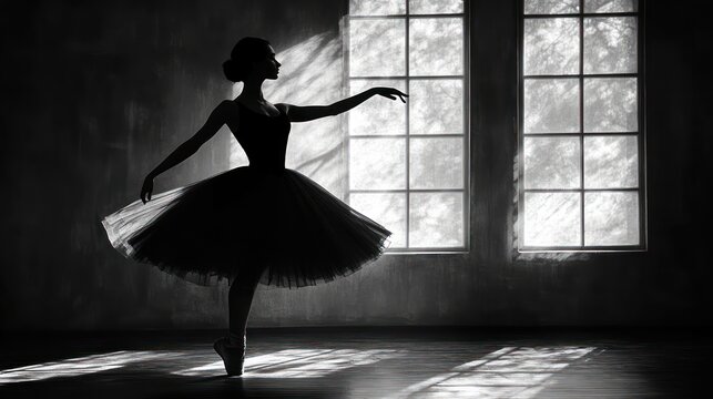 Silhouetted ballerina in a tutu, poised elegantly near a large window, in a dark room.