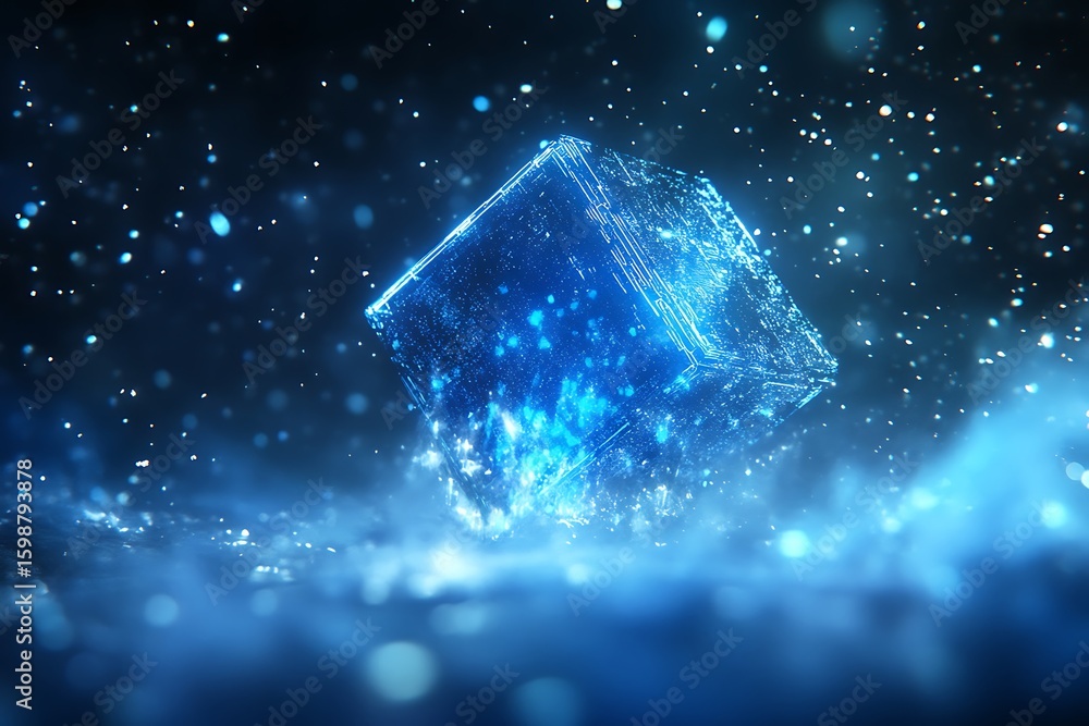 Poster glowing cube floating with blue particles in dark futuristic environment