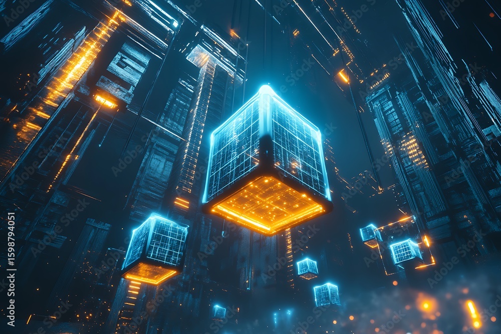 Poster floating digital cubes structure with tech cityscape and glowing elements