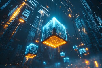 Floating Digital Cubes Structure with Tech Cityscape and Glowing Elements