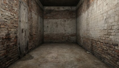 Dim damp crawl space with dirty brick, concrete walls. Unfinished interior with scattered moisture, shadows, rough surfaces. Minimal lighting highlights construction materials for potential home