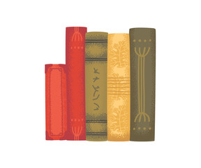 A stack of vintage books in warm tones, illustrated in a textured hand-drawn style. Suitable for education, library, or reading themes.